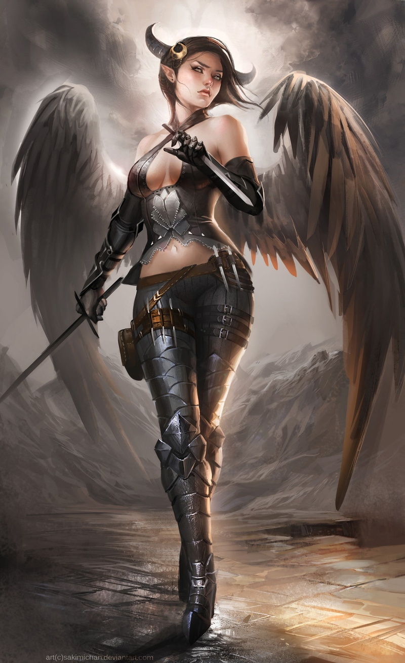 wings, demon, digital, fantasy, women, hd, paintings, airbrushed, abstract, art, fallen, horns, artwork, sakimichan, 1080P