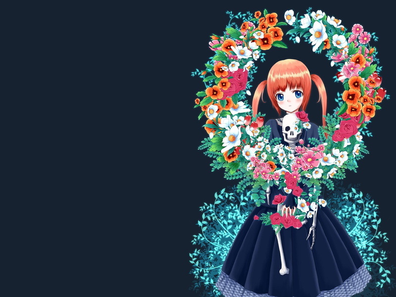 blossom, skelet, twintails, gown, darkness, flower, twin-tails, bone, dark, floral, skeleton, dress, orange-hair, 1080P, blue-eyes, black