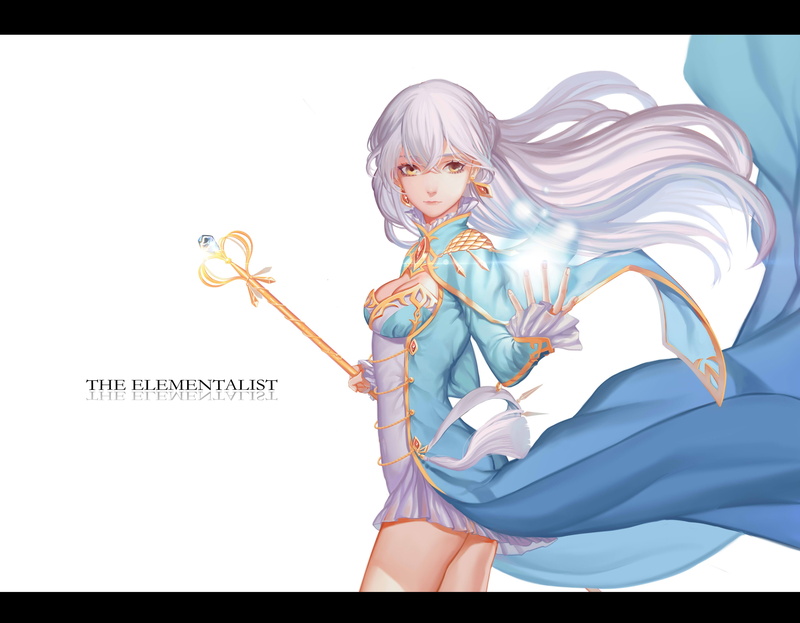 white, cleavage, staff, dress, magic, breasts, hair, artifacts, yellow, eyes, original, 4K, jpeg, hiruna454, long