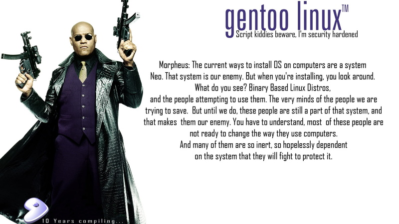 1080P, gentoo, hd, laurence, art, text, fishburne, technology, x, morpheus, Guns, linux