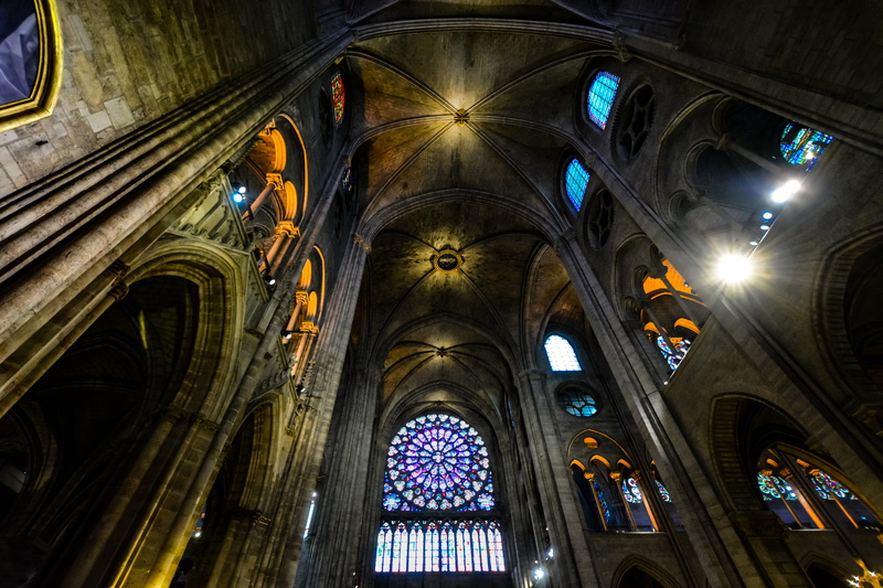 dark, notre dame, european, stained glass windows, arch, rose window, religion, cathedral, interior, holy, building exterior, landmark, spirituality, paris