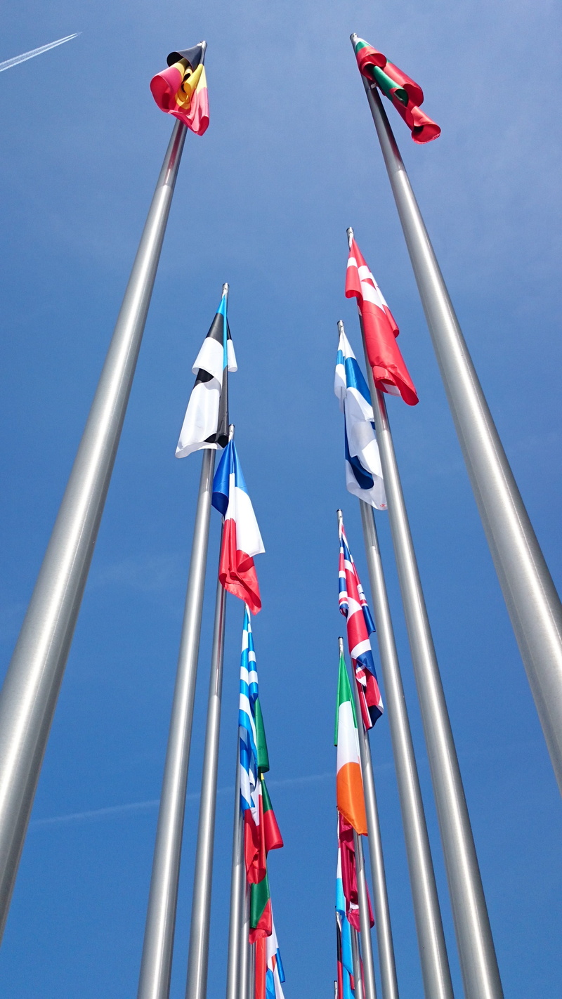 low angle view, outdoors, choice, flags, blue, day, independence, flagpole, environment, multi colored, sailboat, alu, pole, red, sky, waving, aluminum poles