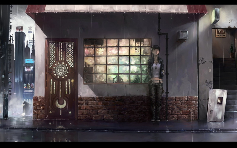anime girls, 1080P, transfer print, shelf, electric lamp, large group of objects, architecture, lighting equipment, illuminated, metal, reflection, no people