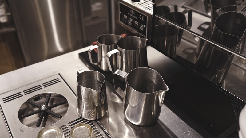 cutlery, coffee machine, large group of objects, grey, silver colored, kitchen counter, 5K, tray, shelf, household equipment, domestic room, metal, home