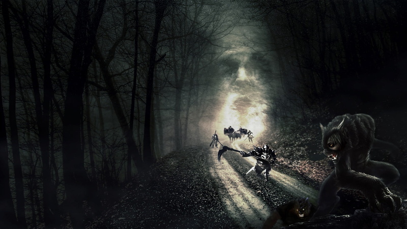 road, horror, werewolves, knight, land, plant, art and craft, fog, day, mammal, human representation, dark, 1080P, black, transportation, representation