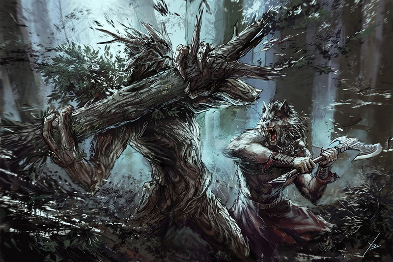 fantasy art, belief, tree trunk, branch, dry, plant, outdoors, sculpture, day, statue, human representation, tree, religion, werewolves, representation