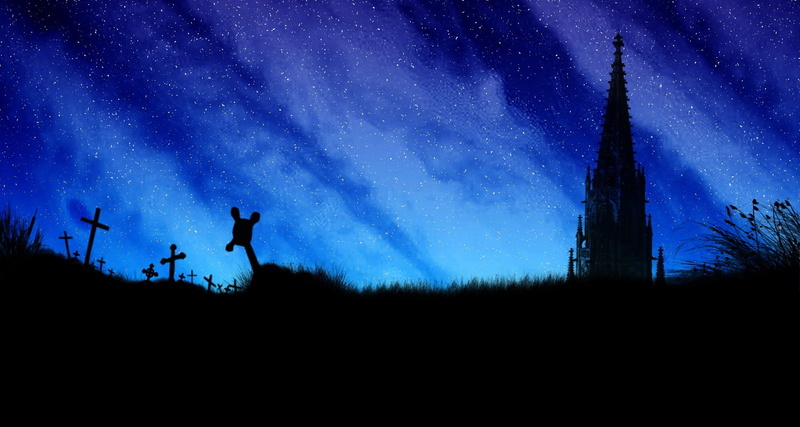 grass, space, sky, night, 720P, church, Photoshop, coffins, stars