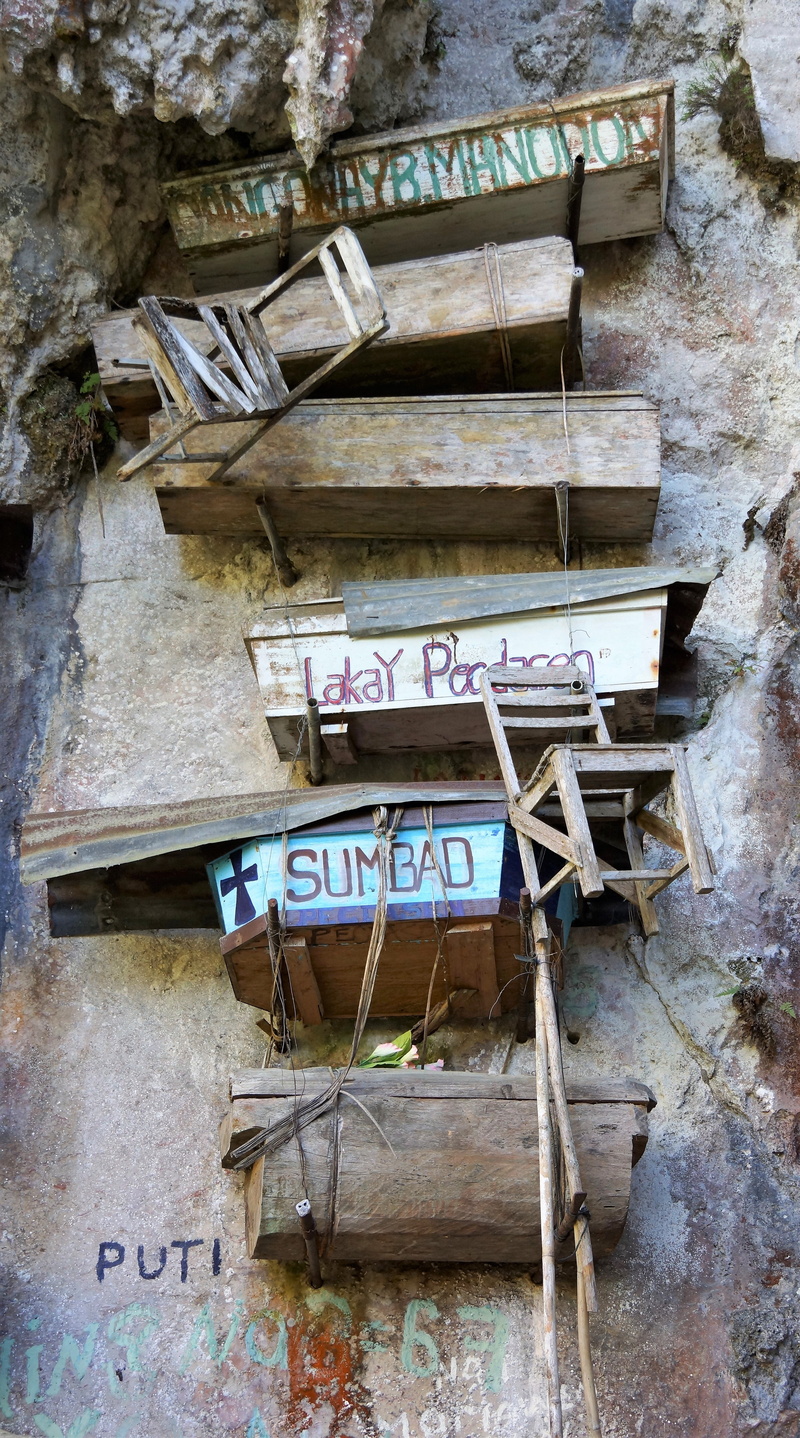 architecture, communication, building exterior, staircase, sagada, 5K, abandoned, western script, text, old, hanging coffins, sign, outdoors, philippines