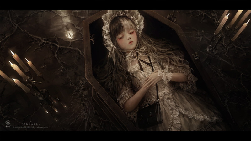 artwork, candles, women, drawing, ultrawide, Shal. E, digital art, 1080P, coffins, hands crossed, ArtStation, closed eyes, ultra-wide, candle holder