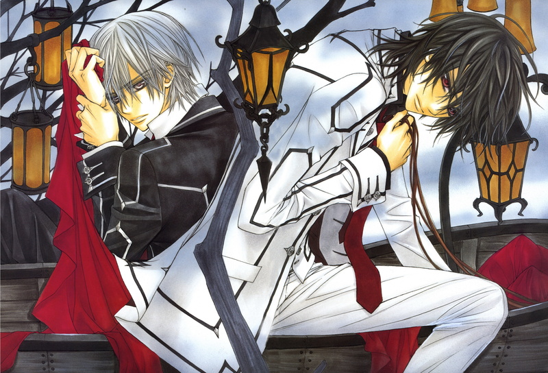 zero kiryu, kaname kuran, emblem, two guys, vampire knight, thoroughbred, 4K, red cloth, lights, art, the coffin, school uniform, matsuri hino, knight-vampire