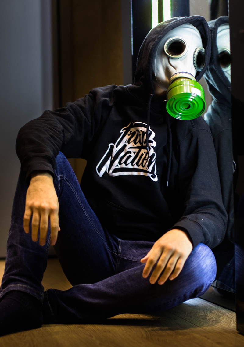 gas, jeans, helmet, nuke, depressed, men, teenage boys, good, sick, sitting, headwear, indoors, relaxation, casual clothing, bottle, home interior, portrait