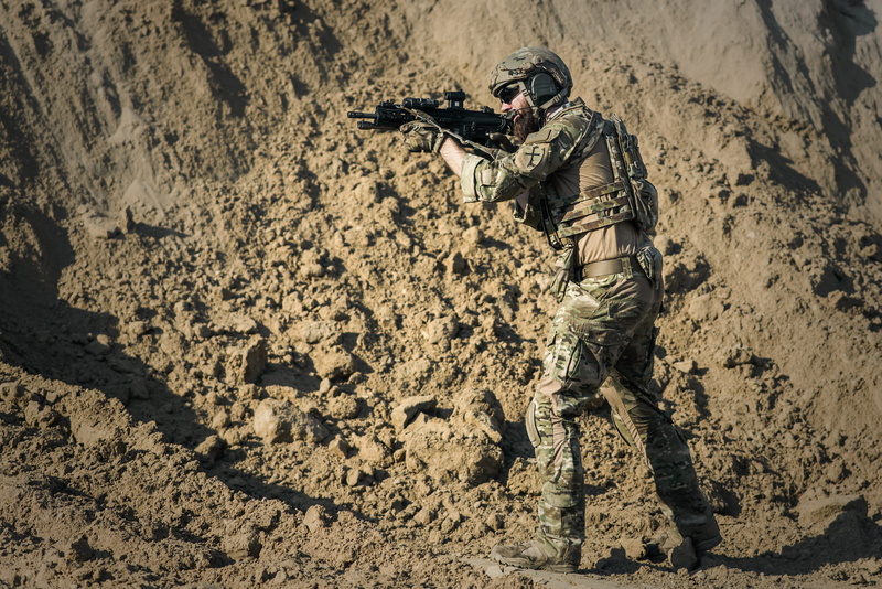 nature, lifestyle, assault, activity, desert, land, sport, holding, action, clothing, camouflage clothing, smoke, outdoor, rifle, backpack, weapon, adult