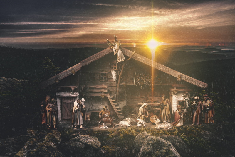 building exterior, sky, sunset, nativity scene, cloud - sky, 5K, winter, crib, architecture, outdoors, child, christmas, stack, built structure, sunbeam