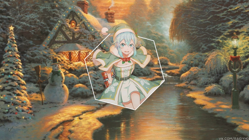 picture-in-picture, anime, 4K, Christmas cap, anime girls