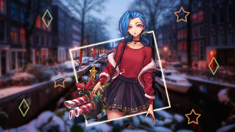 Christmas, Jinx (League of Legends), picture-in-picture, river, 1080P