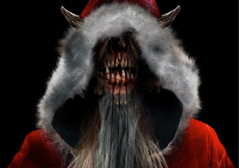 black background, horror, close-up, red, human hair, one animal, Krampus, headshot, demon, negative emotion, animal mouth, portrait, christmas, story, mouth open