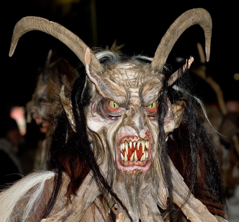 christmas, arts culture and entertainment, mouth open, horned, demon - fictional character, spooky, disguise, Krampus, animal body part, horror, close-up