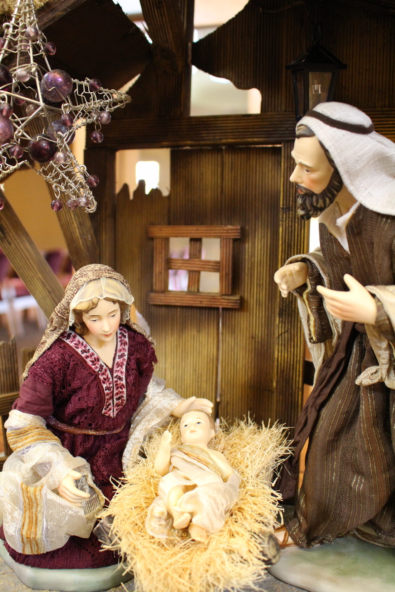 hat, adult, Nativity Scene, lifestyles, Manger, religious, women, females, animal, retail, indoors, store, clothing, christ, virgin, real people, warm clothing
