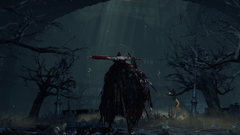 Tomb of Oedon, outdoors, bare tree, standing, built structure, lifestyles, Bloodborne, tree, men, video games, water, clothing, plant, nature
