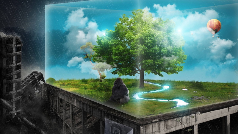 trees, plant, digital, outdoors, water, one person, sad, green color, built structure, sky, digital art, digital composite, 2K, architecture, transportation