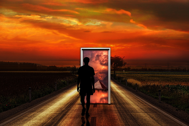cloud - sky, lifestyles, rear view, mode of transportation, man, surrealism, men, transportation, adult, women, road, real people, the way forward, 5K