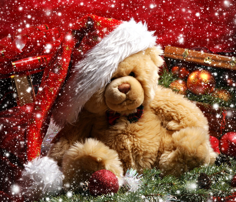 bear, season, balls, Christmas tree branch, Christmas, ornate, december, snowflake, decoration, New year, 2K, hat, backgrounds, christmas Present, one animal