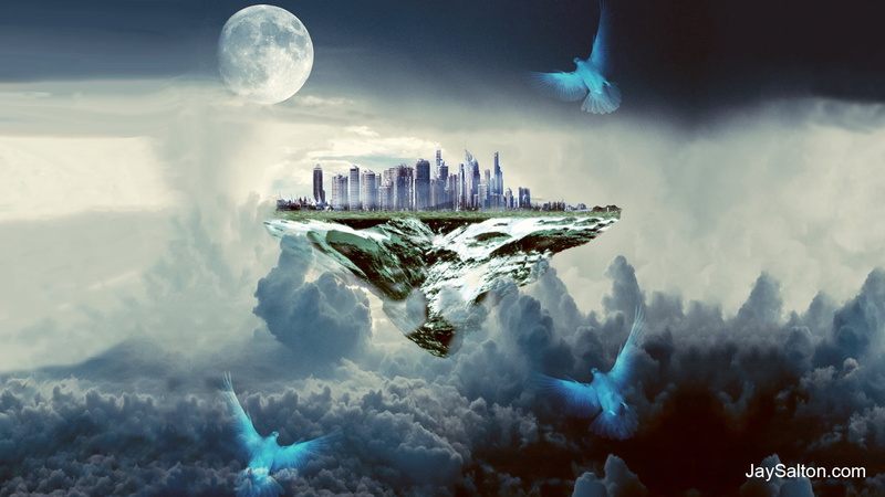 birds, psychonauts, Tomorrowland, jay salton, Tomorrowland (movie), cityscape, clouds, digital art, trippy, science fiction, futuristic, psychedelic, 3D