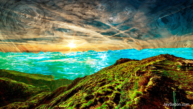beach, LSD, sunset, psychedelic, grass, landscape, sunrise, trippy, hills, sea, digital art, river, digital painting, 1080P, jay salton, water, orange sky