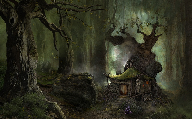 stone, mushroom, digital art, nature, fantasy art, skull, forest, house, wood, trees, 1080P, rock, mist