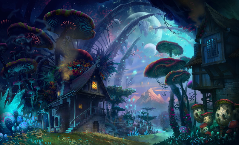 Fantasy, 1080P, Flower, House, Artistic, Mushroom, Moon, Forest, Mountain