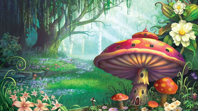 red, house, digital, mushroom, Forest, Fantasy, 1080P