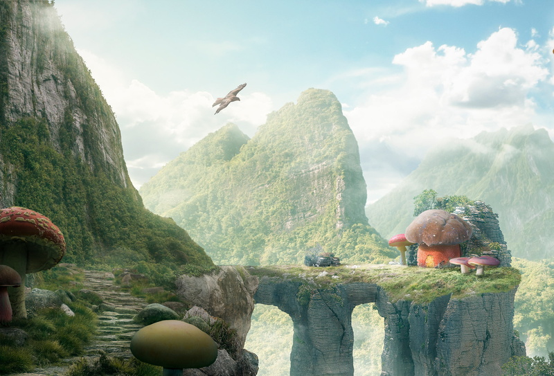 Illustration, Mountains, Digital art, 2K, Rocks, Mushroom house