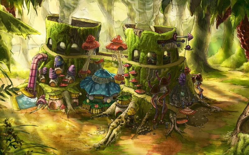 mushroom, smoke, Tree Stump, forest, 1080P, Pipes, leaves, moss, digital art, Trees, house, plants, fantasy Art