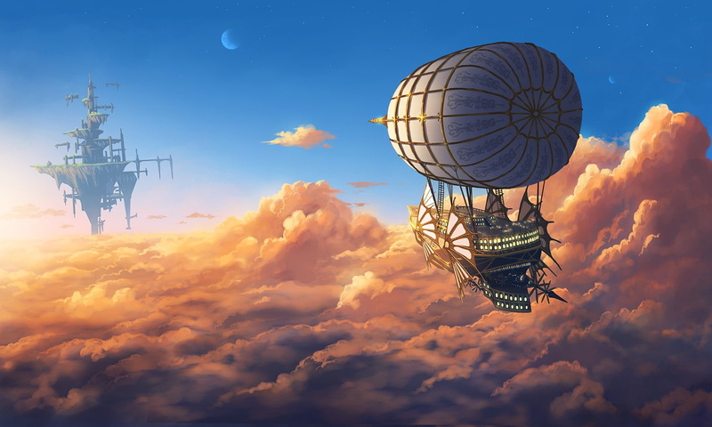 aircraft, clouds, Moon, floating island, fantasy art, 720P, sky, floating