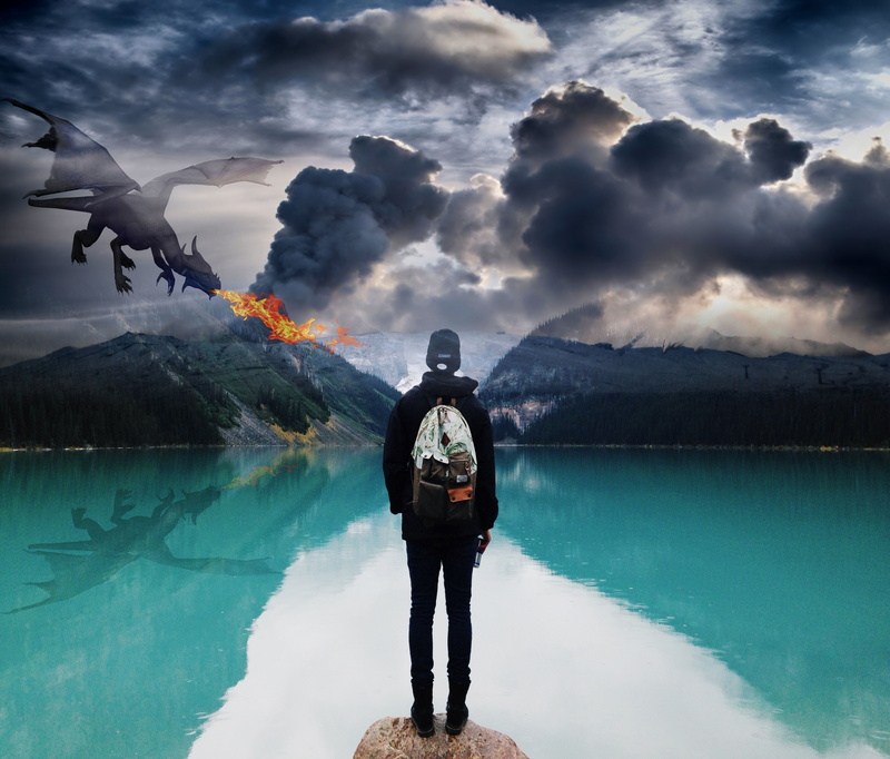 beauty in nature, blue, leisure activity, reflection, lifestyles, standing, front view, animal, hoodie, gray, real people, wearing, black, scenics - nature