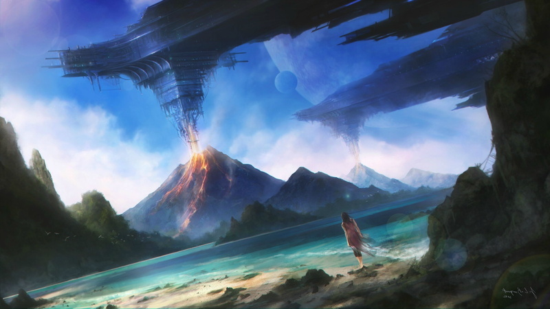 environment, travel destinations, blue, sea, land, landscape, cloud - sky, mountain, scenics - nature, desktopography space planet spaceship space station terraform lava mountain volcano