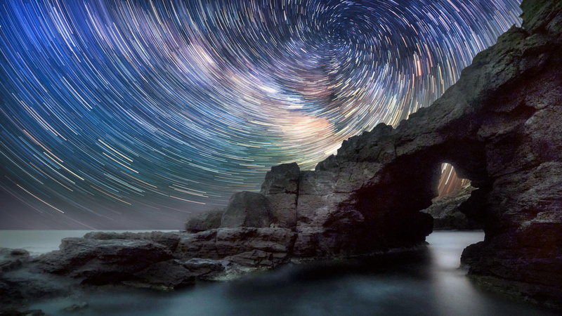 rock - object, concentric, milky way, rock, galaxy, astronomy, sky, nature, starry night, star trails, 4K, tranquility, night sky, motion, spinning, long exposure