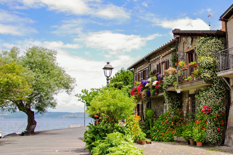 italy, built structure, flowers, water, plant, green, summer, concrete, house, day, green color, flowering plant, street, near, sky, flowered balcony, historic village