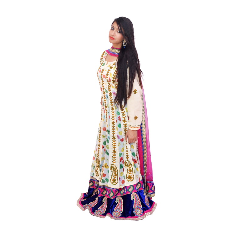 teenager, pattern, female, casual clothing, one person, white, long hair, women, indian, standing, hair, smiling, white background, clothing, multicolored