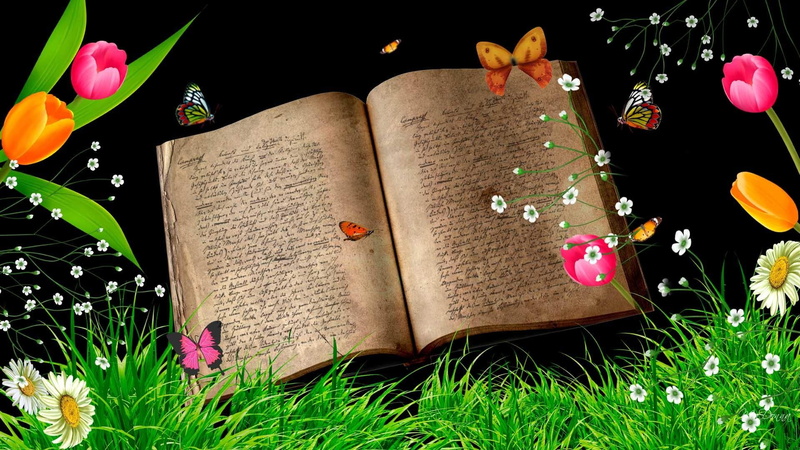 3d and abstract, spring, brown, read, 1080P, vintage, butterflies, illustration, flowers, orange, firefox persona, grass, antique, tulips, white, book