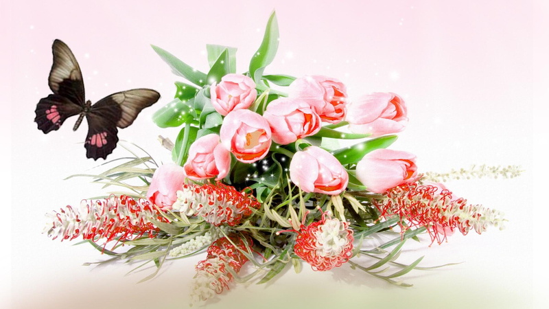 petaled, tulips, flowers, 3d and abstract, flower, pink, spirng, 1080P, firefox persona, butterfly, red
