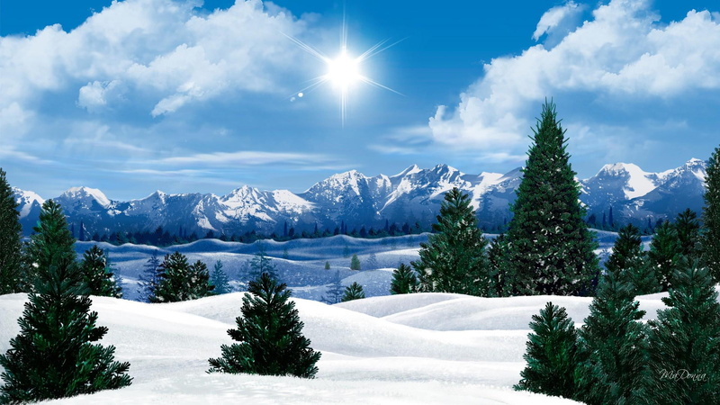 sun, christmas, winter, 3d and abstract, snow, capped, trees, 1080P, cold, mountains, mountain, firefox persona, morning