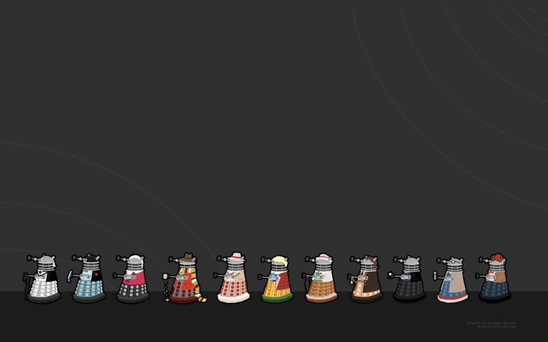 food, arrangement, in a row, group of objects, black background, order, variation, indoors, studio shot, side by side, robot, Doctor Who, illustration