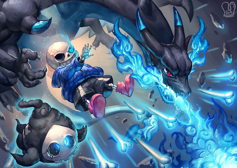 Red Eyes, Bones, Fire, Pokémon, Crossover, Dragon, Video Game, Duskull (Pokémon), Sans (Undertale), Mega Charizard X (Pokémon), Smile, Flame, Glowing Eyes