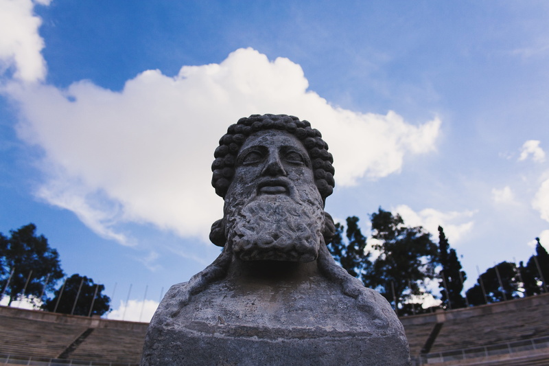 ornate, low angle view, human representation, sculpture, nature, religion, the past, sky, greece, male likeness, 4K, panathenaic stadium, idol