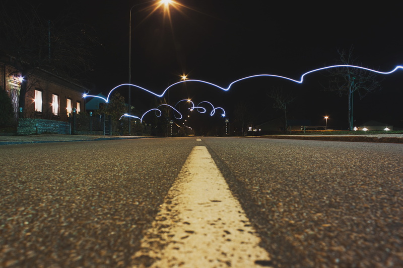 street, long exposure, road, moody photography, the way forward, dark, glowing, lens flare, blue, no people, city, direction, asphalt, architecture
