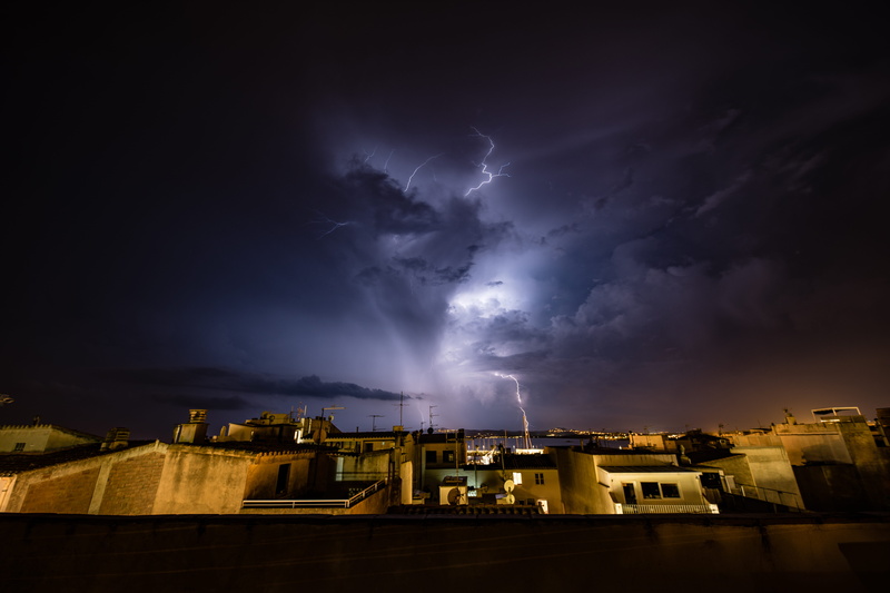 spooky, thunder, 8K, thunderstorm, nighttime, sky, city at night, lightning, horizon, horror, sunset, cloudscape, light, cloud - Sky, house