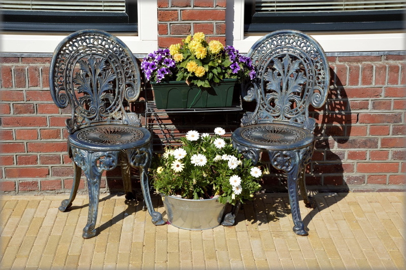 vulnerability, plant, chairs, purple, table, iron, art and craft, flower arrangement, no people, decoration, building exterior, flower pot, potted plant