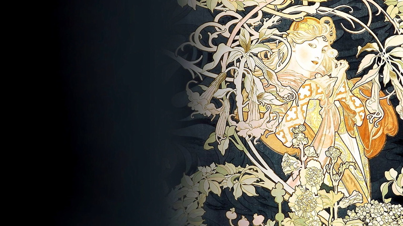 picture, Alphonse Mucha, painting, girl, floral ornament, figure, 1080P, black background, mural