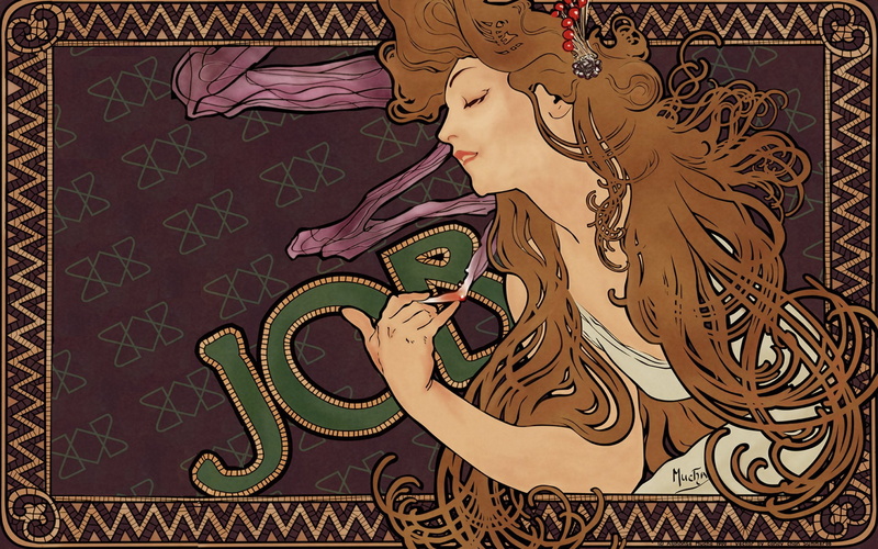 paintings, brunettes, 1080P, smoking, mucha, smoke, artwork, job, cigarettes, women, alphonse